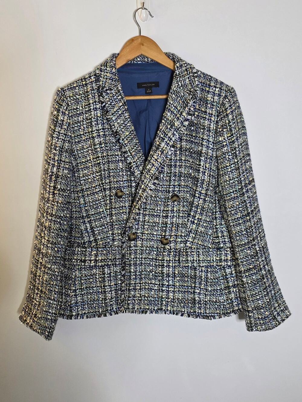 Ann Taylor double Breast Textured Tweed Blazer Blue/white lined career Casual